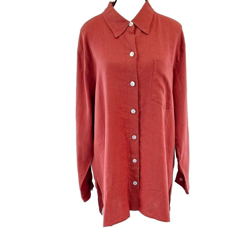 Vtg Y2K Chicos Design 100% Linen Button Down Shirt Size 2 Large Terracotta Tunic